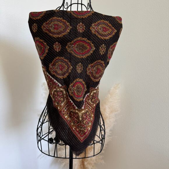Vintage Glentex Dark Brown Paisley Floral Lightweight Boho Square Scarf - Picture 6 of 9